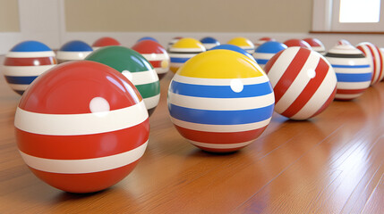 Exciting Indoor Game, Colorful Bowling Balls, Family Room, Photo, Bright Environment, Close-Up View, Leisure Activity