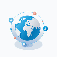 Globe showing interconnected people around the world representing global communication and connection in a modern and clean style, symbolizing unity and collaboration.