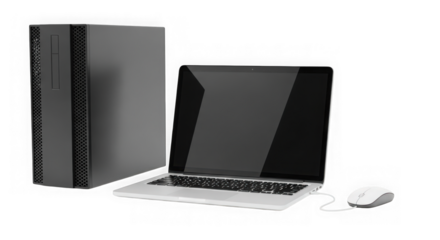 Modern computer setup with laptop tower and mouse transparent background