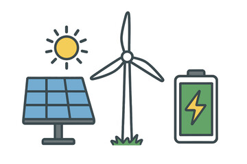 Renewable energy vector illustration: solar power panel, sun, wind turbine, battery storage, sustainability, clean energy sources, eco-friendly electricity, green technology cartoon concept