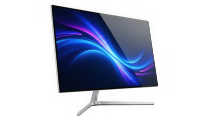 Modern all-in-one computer display with abstract digital graphics transparent background