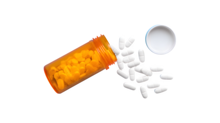 Top view of an orange pill bottle with white pills spilling out
