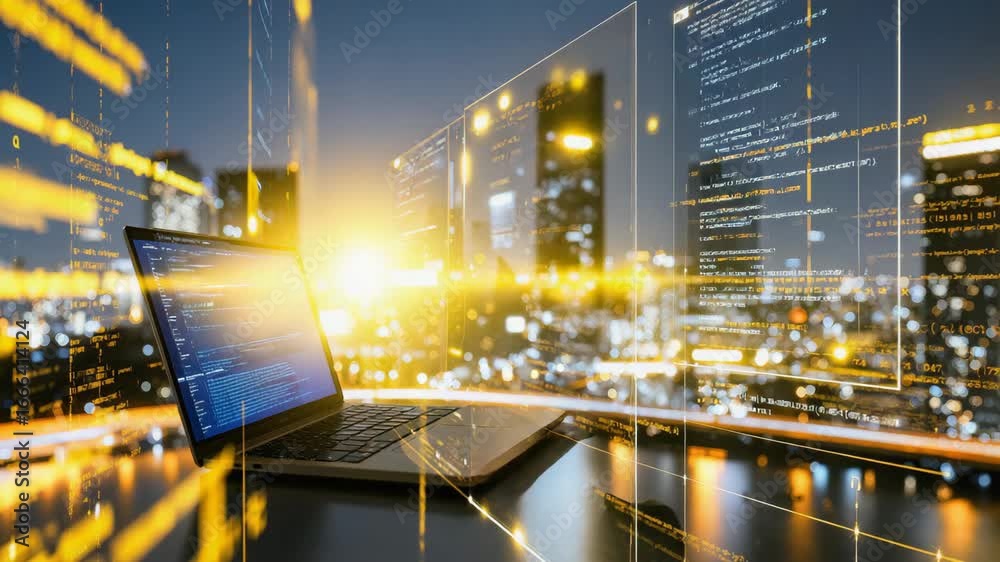 Wall mural laptop showing source code in futuristic cityscape representing programming.