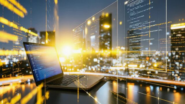 Laptop showing source code in futuristic cityscape representing programming.