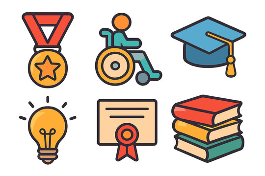 Achievement success medal wheelchair accessibility education icons set. Graduation cap diploma certificate stack of books lightbulb creative knowledge concept. Colorful vector cartoon illustration