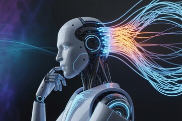 A thinking robot with data streaming from its neural network, artificial intelligence concept.