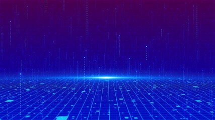 Digital animation shows particles over grid surface under glowing blue pink gradient. for futuristic HUD, data visualization, cyberspace scene, virtual reality motion graphic, modern tech presentation - Powered by Adobe