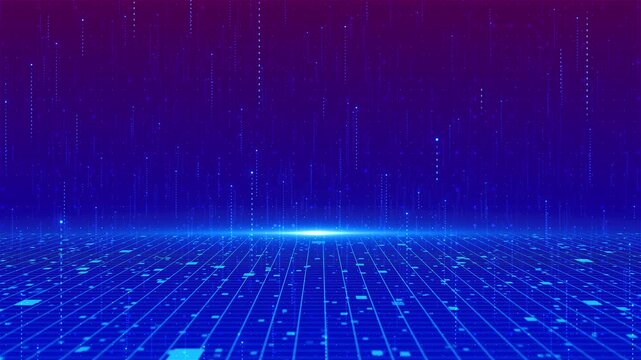 Digital animation shows particles over grid surface under glowing blue pink gradient. for futuristic HUD, data visualization, cyberspace scene, virtual reality motion graphic, modern tech presentation - Powered by Adobe