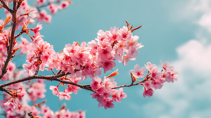 Pretty pink cherry blossom flowers bloom against a clear blue sky during spring in a serene outdoor setting