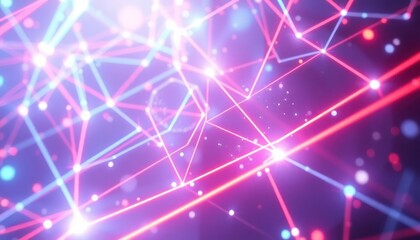Abstract digital network of glowing neon lines and connected dots, representing data flow, communication, and technological innovation. Ideal for tech backgrounds.