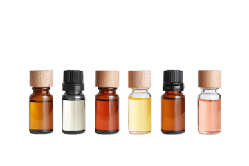 Diverse essential oil bottles with wooden and dropper caps isolated on white transparent background