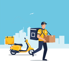 Delivery man carrying a box runs towards the viewer with a scooter and cityscape in the background.