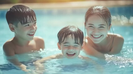 Three cheerful children laughing and playing together in a refreshing blue swimming pool on a sunny summer day