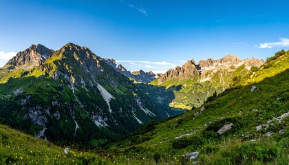 Obraz premium Picturesque mountain valley vista showcasing lush green slopes and towering peaks under a vibrant blue sky.