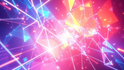 Vibrant abstract background with interconnected glowing lines, triangles, and dots, representing digital data, modern technology, and futuristic connectivity for various visual needs.