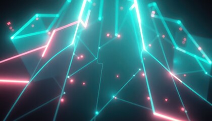 Abstract neon light network with glowing teal and pink lines, representing digital connection and data flow. Ideal for technology, AI, and business innovation.