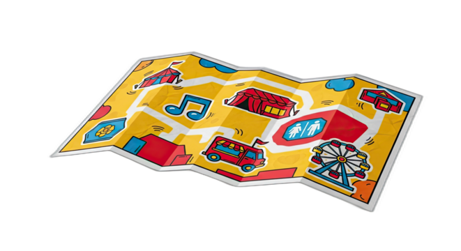 A colorful cartoon map depicting a fun fair with a ferris wheel and other attractions