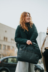 Confident young professional smiling while holding a bag on a city street. Represents modern career...