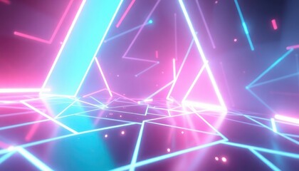 Futuristic neon pink and blue geometric lines form a glowing grid and triangles, creating a dynamic abstract background for tech, gaming, or digital concepts.