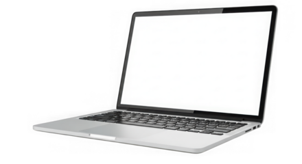 Modern silver laptop computer open displaying blank screen transparent background
