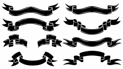 Collection of ten black banner ribbon designs with varying shapes and orientations on a white background