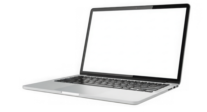 Modern silver laptop computer open displaying blank screen transparent background