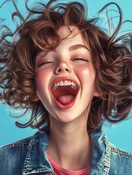 Joyful girl laughing with curly hair, vibrant smile.