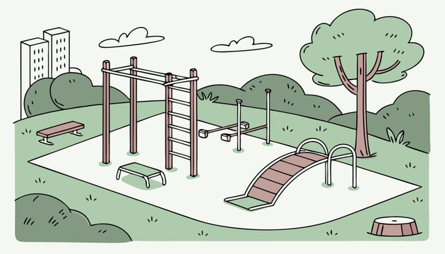 Outdoor gym equipment in city park with pull up bars, benches, machines for public training. Promotes community fitness healthy lifestyle. Ideal for wellness, sport and urban planning. Flat vector