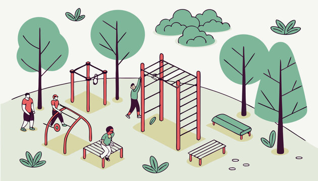 Outdoor gym equipment in city park with pull up bars, benches, machines for public training. Promotes community fitness healthy lifestyle. Ideal for wellness, sport and urban planning. Flat vector