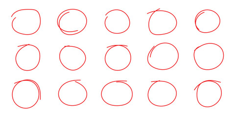 Red hand-drawn circles and ovals isolated on white background for highlighting and emphasis. vector design element