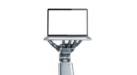 Robotic hand holding a laptop with a white screen transparent background