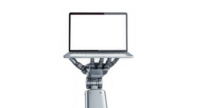 Robotic hand holding a laptop with a white screen transparent background