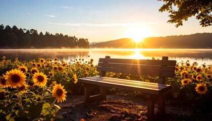 Obraz premium Sunrise over lake with sunflowers and wooden bench.