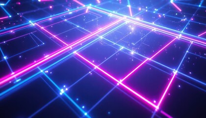Vibrant neon lines illustrate a digital network, data flow, or virtual reality concept, ideal for technology, communication, and futuristic themes.