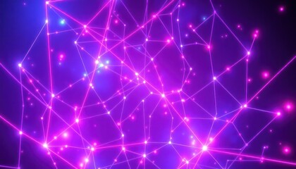 Abstract digital network with glowing lines and dots on a vibrant purple and blue background, representing global connection, data flow, and modern technology concepts.