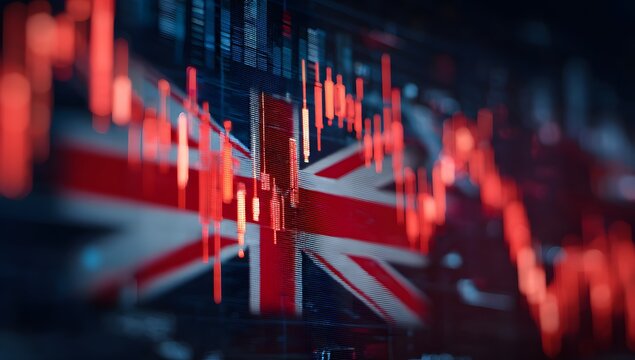 A red stock market graph with the UK flag in front of it, creating an iconic and powerful scene,