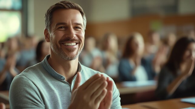 Man smiling and applauding in a crowd.