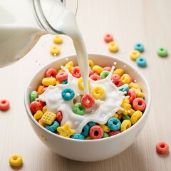 Pouring Milk on Colorful Cereal for a Fun and Nutritious Breakfast Start. Perfect for Food Advertising, Healthy Eating, and Family Lifestyle Campaigns.