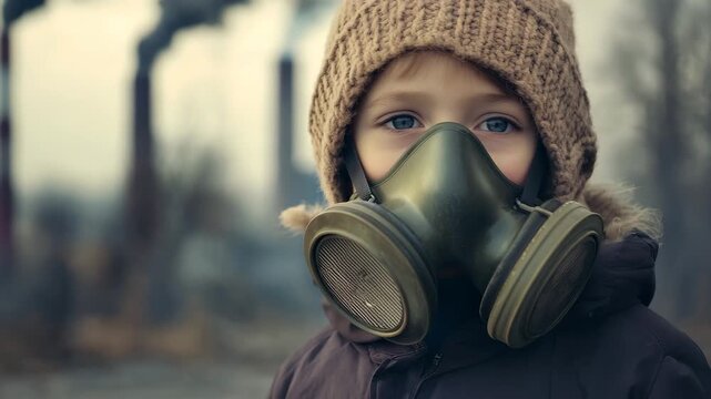 Child protecting himself from toxic fumes by wearing gas mask in front of polluting factory chimneys
