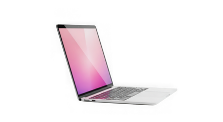 Modern silver laptop displaying pink content on a dark surface transparent background