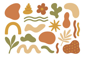Abstract organic shapes set. Hand drawn contemporary doodle forms in terracotta, mustard, sage earth tones. Modern minimalist boho style vector clipart elements collection.