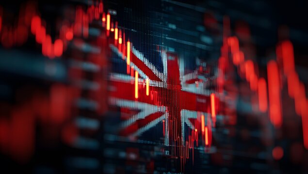 A red stock market graph with the UK flag in front of it, creating an iconic and powerful scene,