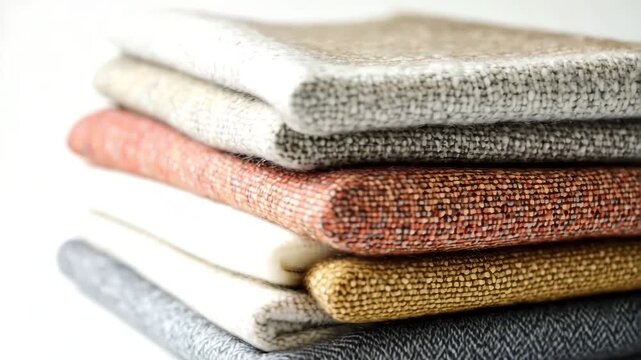 Stack of colorful tweed fabric swatches showing different textures