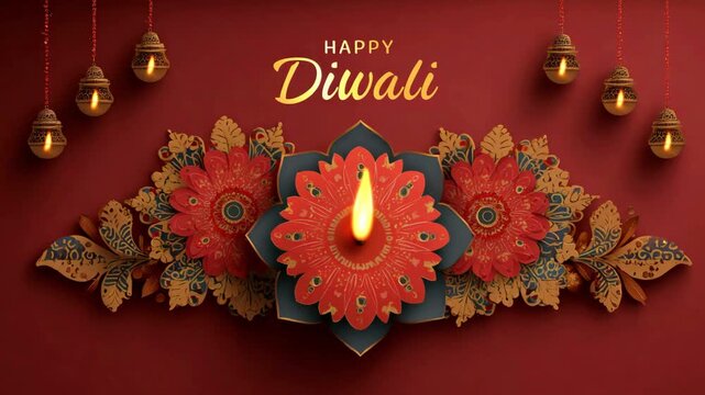 Happy Diwali text on bright animated banner with traditional Indian rangoli art and illuminated oil lamp diya, vector illustration style. Festive greeting card design