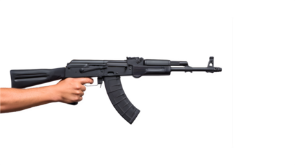 A person holding a black AK-47 rifle in a professional photography style
