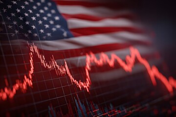 A red stock market graph with the USA flag in front of it, creating an iconic and powerful scene