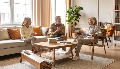 Warm-Toned Living Room Conversation Among Three Seniors