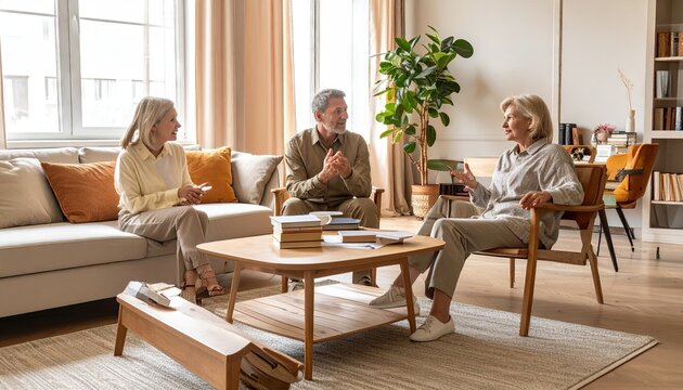 Warm-Toned Living Room Conversation Among Three Seniors