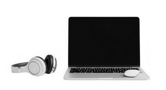 Modern laptop headphones and mouse setup for work or entertainment transparent background
