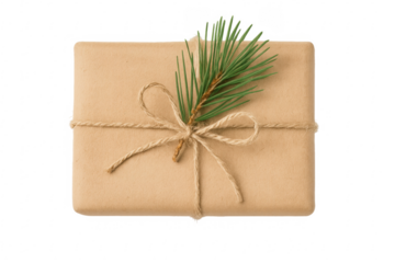 Christmas gift wrapped in kraft paper tied with twine and decorated with pine branch on transparent background